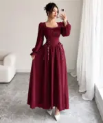 Elegant Corset Maroon Waist Long Sleeve Dress - Image 3
