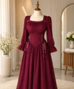 Elegant Corset Maroon Waist Long Sleeve Dress - Image 4