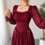 Elegant Corset Maroon Waist Long Sleeve Dress (6)