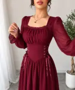 Elegant Corset Maroon Waist Long Sleeve Dress (6)