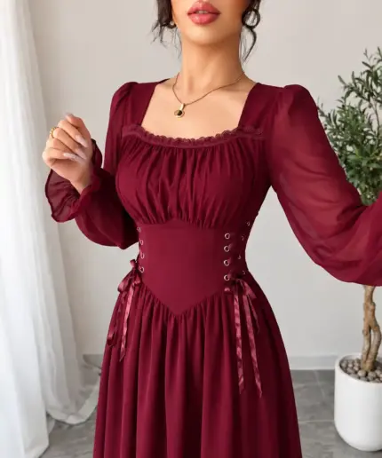Elegant Corset Maroon Waist Long Sleeve Dress (6)
