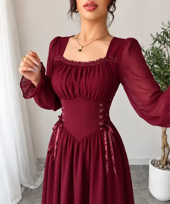 Elegant Corset Maroon Waist Long Sleeve Dress (6)