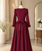 Elegant Corset Maroon Waist Long Sleeve Dress - Image 2