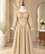 Elegant Cream Corset Waist Long Sleeve Dress - Image 3