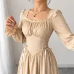Elegant Cream Corset Waist Long Sleeve Dress
