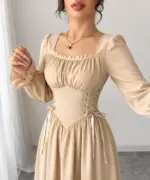 Elegant Cream Corset Waist Long Sleeve Dress