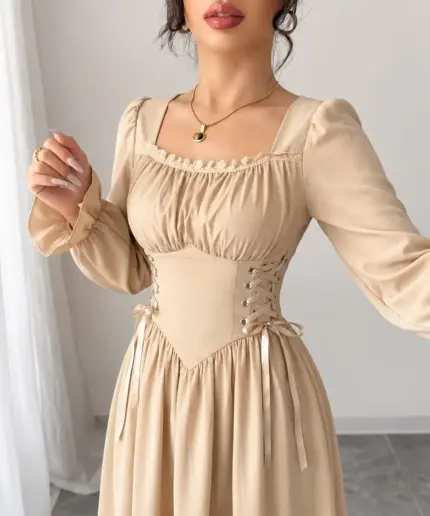 Elegant Cream Corset Waist Long Sleeve Dress