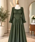 Elegant Olive Corset Waist Long Sleeve Dress - Image 3