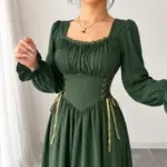 Elegant Olive Corset Waist Long Sleeve Dress