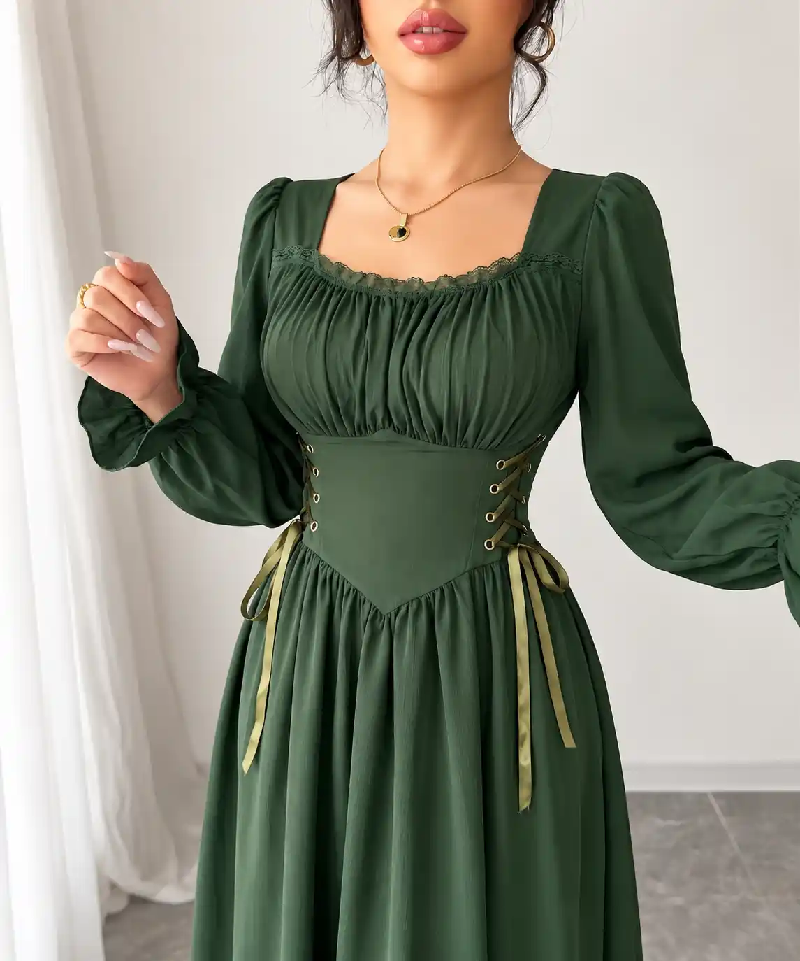 Elegant Olive Corset Waist Long Sleeve Dress (2) Elegant Olive Corset Waist Long Sleeve Dress