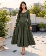Elegant Olive Corset Waist Long Sleeve Dress - Image 2
